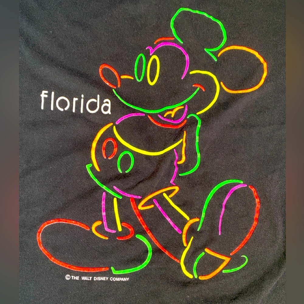 Walt Disney 90’s Y2K Florida Mickey Mouse Neon Outline Black T-Shirt XL